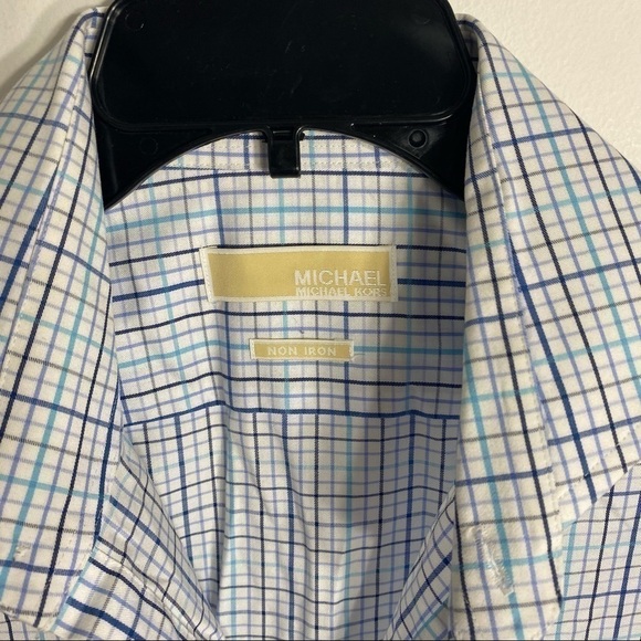 Michael Michael Kors Plaid Button Down Shirt 16 32/33 Non Iron Blue White - Picture 3 of 7